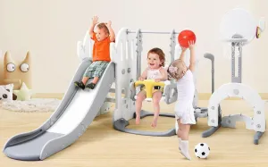 7-in-1 Indoor Slide and Swing Set, Freestanding Toddler Slide Climber Playset for Kids with Adjustable Swing, Basketball Hoop, Soccer, Golf, Ring Toss Game, Baby Indoor Outdoor Playground