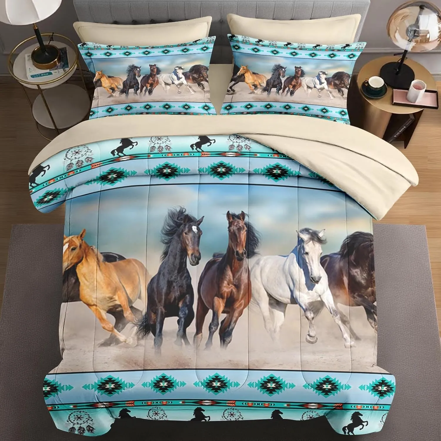7 Pcs King Size Comforter Set with 2 Pillowcases & 2 Shams, Horses Desert Animal Bedding for Kids and Adults, Tribal Farm Sunset Run Bed in a Bag with Flat Fitted Sheet