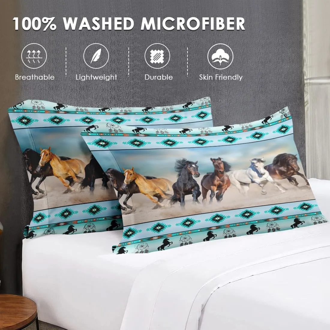 7 Pcs King Size Comforter Set with 2 Pillowcases & 2 Shams, Horses Desert Animal Bedding for Kids and Adults, Tribal Farm Sunset Run Bed in a Bag with Flat Fitted Sheet
