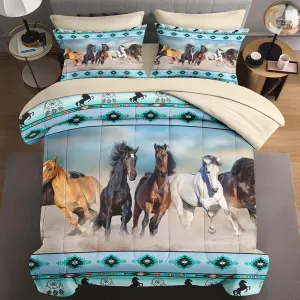 7 Pcs King Size Comforter Set with 2 Pillowcases & 2 Shams, Horses Desert Animal Bedding for Kids and Adults, Tribal Farm Sunset Run Bed in a Bag with Flat Fitted Sheet