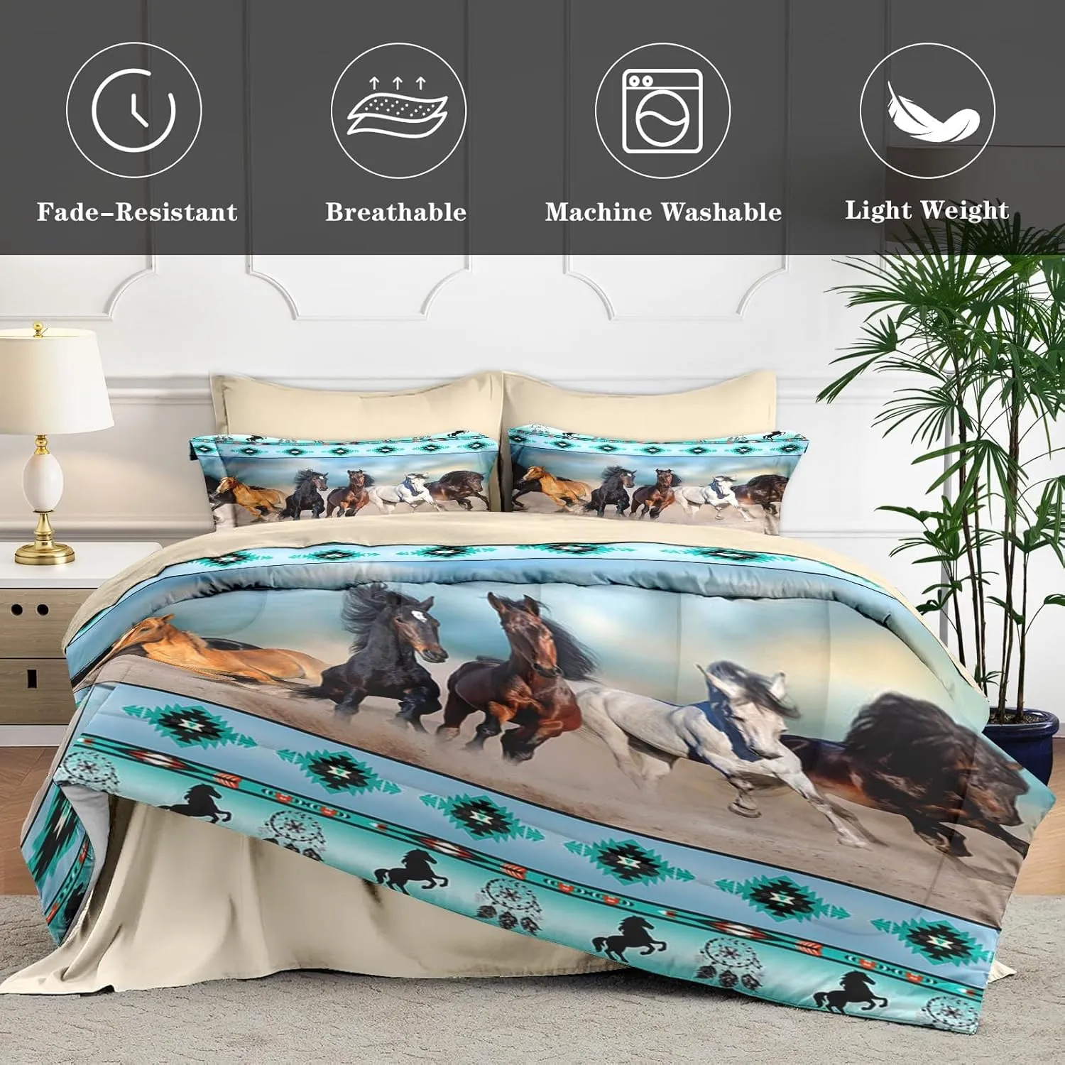7 Pcs King Size Comforter Set with 2 Pillowcases & 2 Shams, Horses Desert Animal Bedding for Kids and Adults, Tribal Farm Sunset Run Bed in a Bag with Flat Fitted Sheet