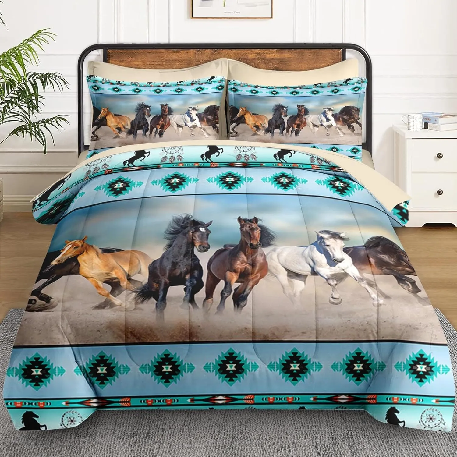 7 Pcs King Size Comforter Set with 2 Pillowcases & 2 Shams, Horses Desert Animal Bedding for Kids and Adults, Tribal Farm Sunset Run Bed in a Bag with Flat Fitted Sheet