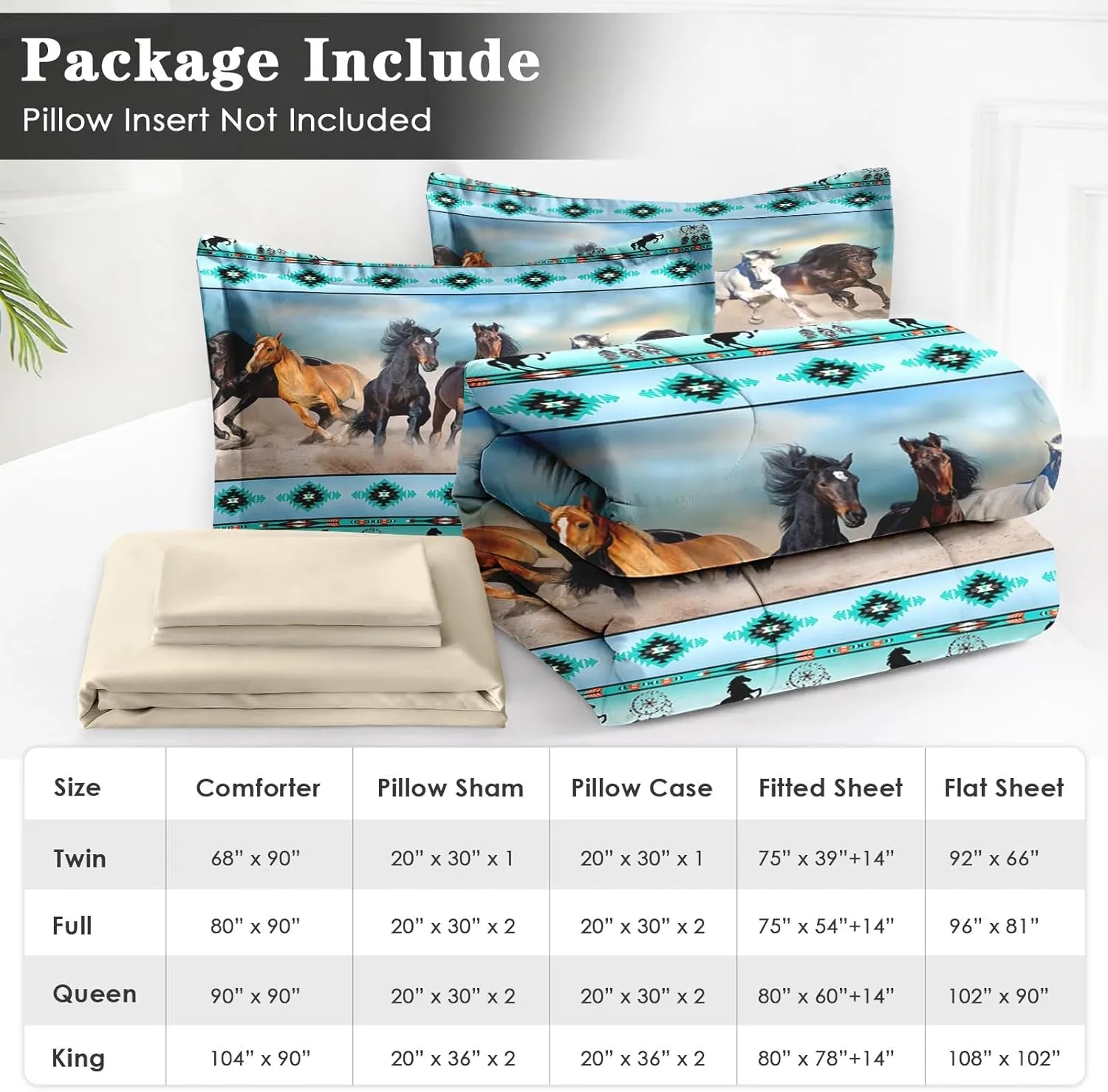 7 Pcs King Size Comforter Set with 2 Pillowcases & 2 Shams, Horses Desert Animal Bedding for Kids and Adults, Tribal Farm Sunset Run Bed in a Bag with Flat Fitted Sheet