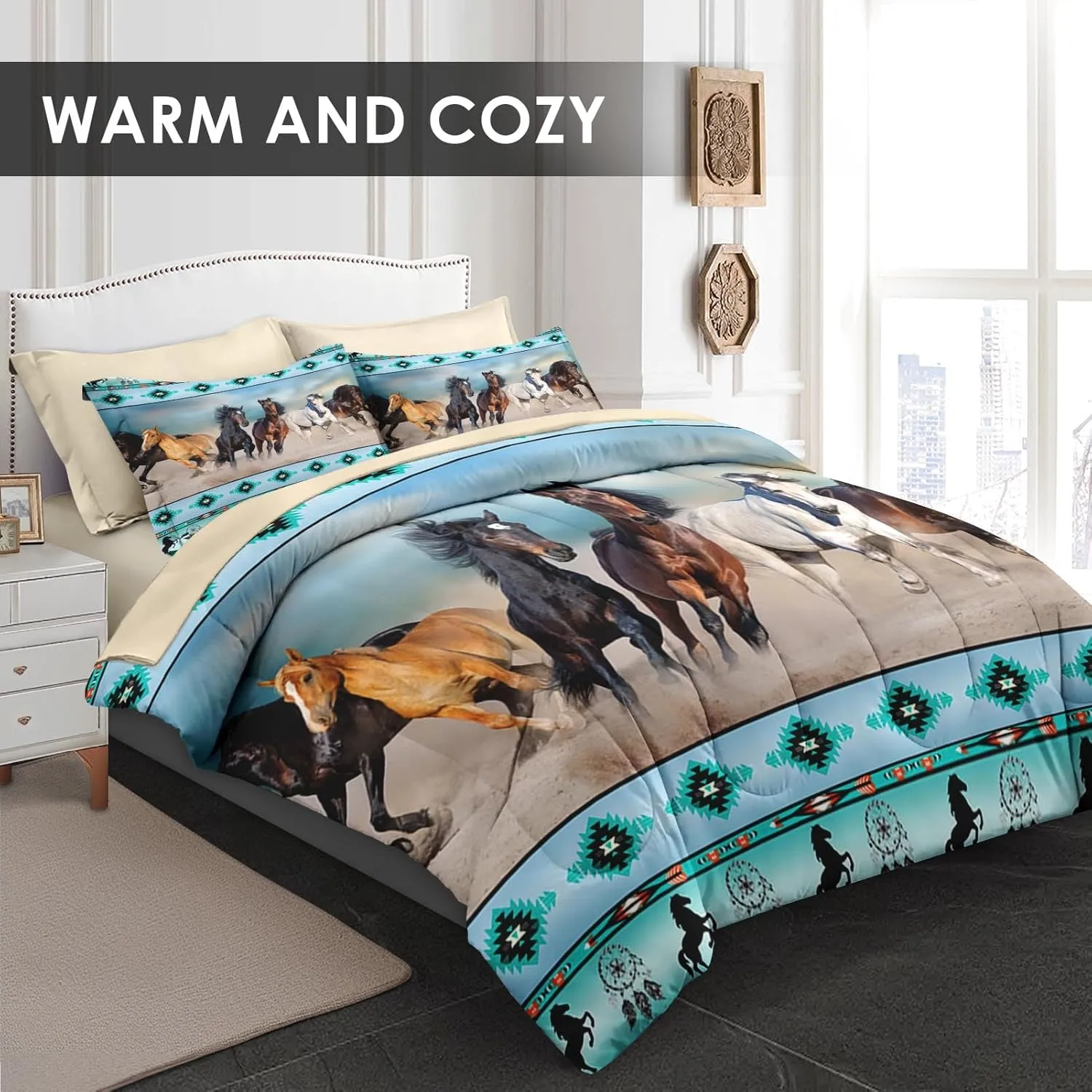 7 Pcs King Size Comforter Set with 2 Pillowcases & 2 Shams, Horses Desert Animal Bedding for Kids and Adults, Tribal Farm Sunset Run Bed in a Bag with Flat Fitted Sheet