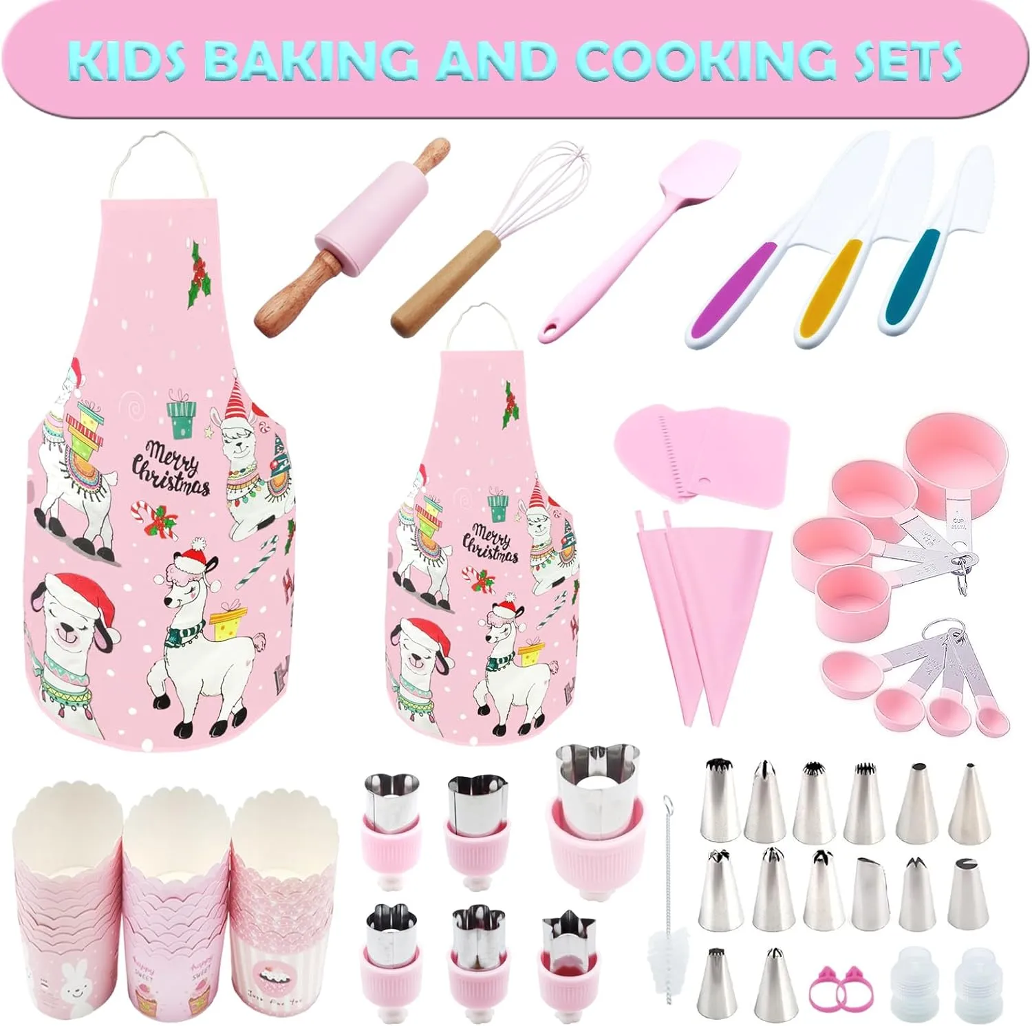 76 Pcs Kids Real Baking and Cooking Sets - Parent-Child Apron Cake Decorating Kit Piping Bags and Tips Set Kitchen Utensils with Storage Case for Child Junior Chefs 3  (Pink-2)