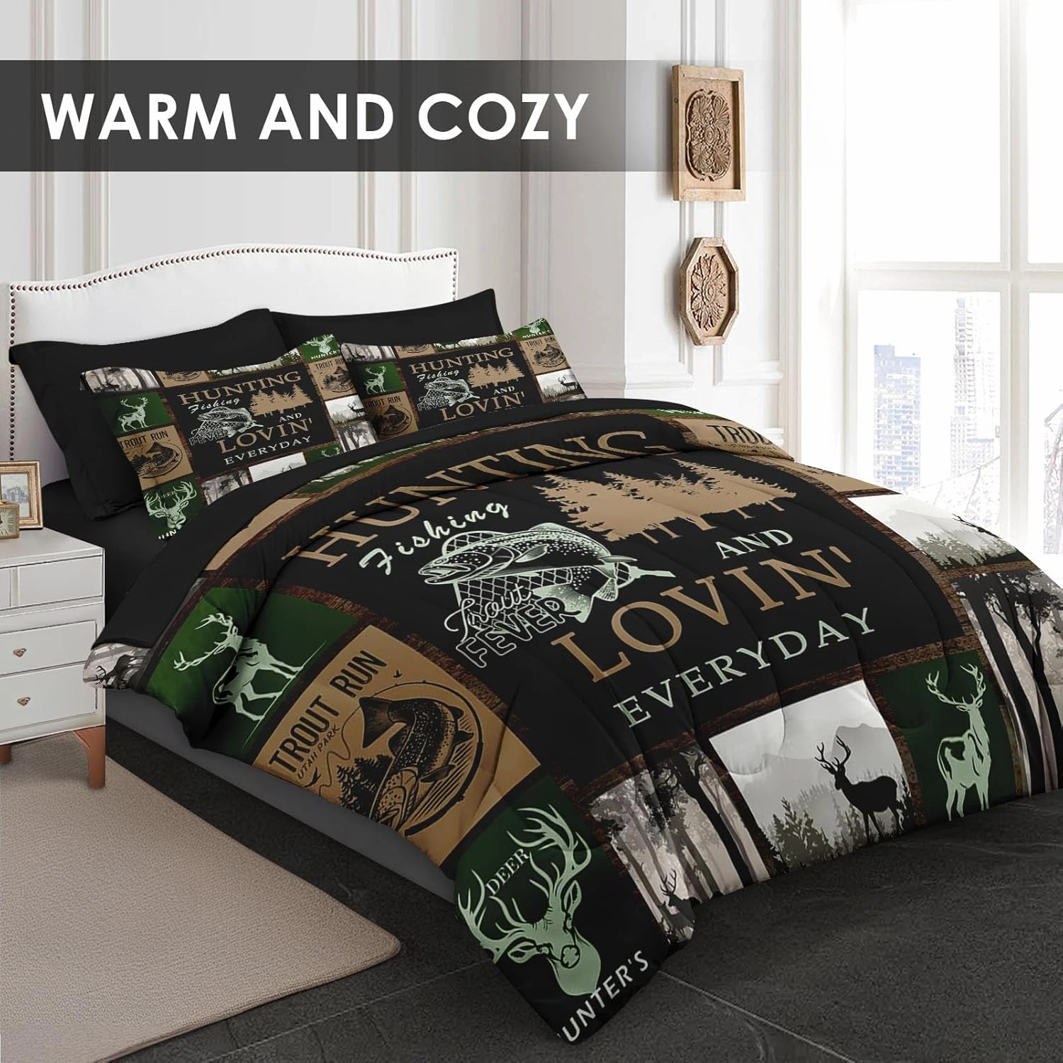 7 Pcs Full Size Comforter Set with 2 Pillowcases & 2 Shams, Deer Animal Tree Bedding for Kids and Adults, Retro Mountains Gray Bed in a Bag with Flat Fitted Sheet