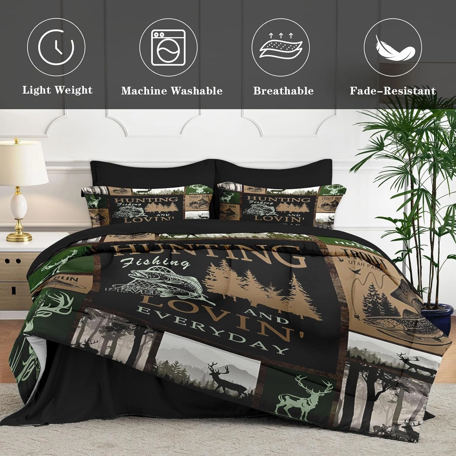 7 Pcs Full Size Comforter Set with 2 Pillowcases & 2 Shams, Deer Animal Tree Bedding for Kids and Adults, Retro Mountains Gray Bed in a Bag with Flat Fitted Sheet