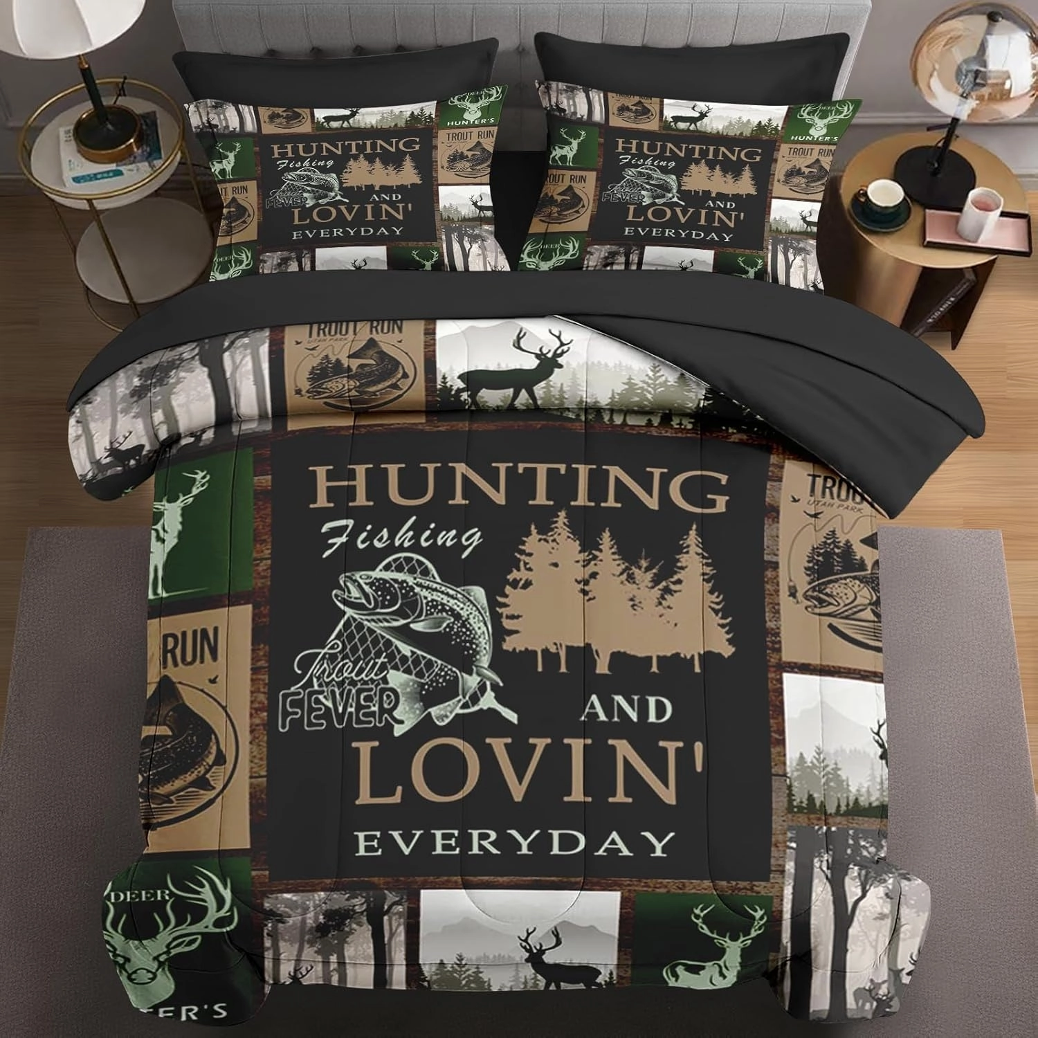 7 Pcs Full Size Comforter Set with 2 Pillowcases & 2 Shams, Deer Animal Tree Bedding for Kids and Adults, Retro Mountains Gray Bed in a Bag with Flat Fitted Sheet
