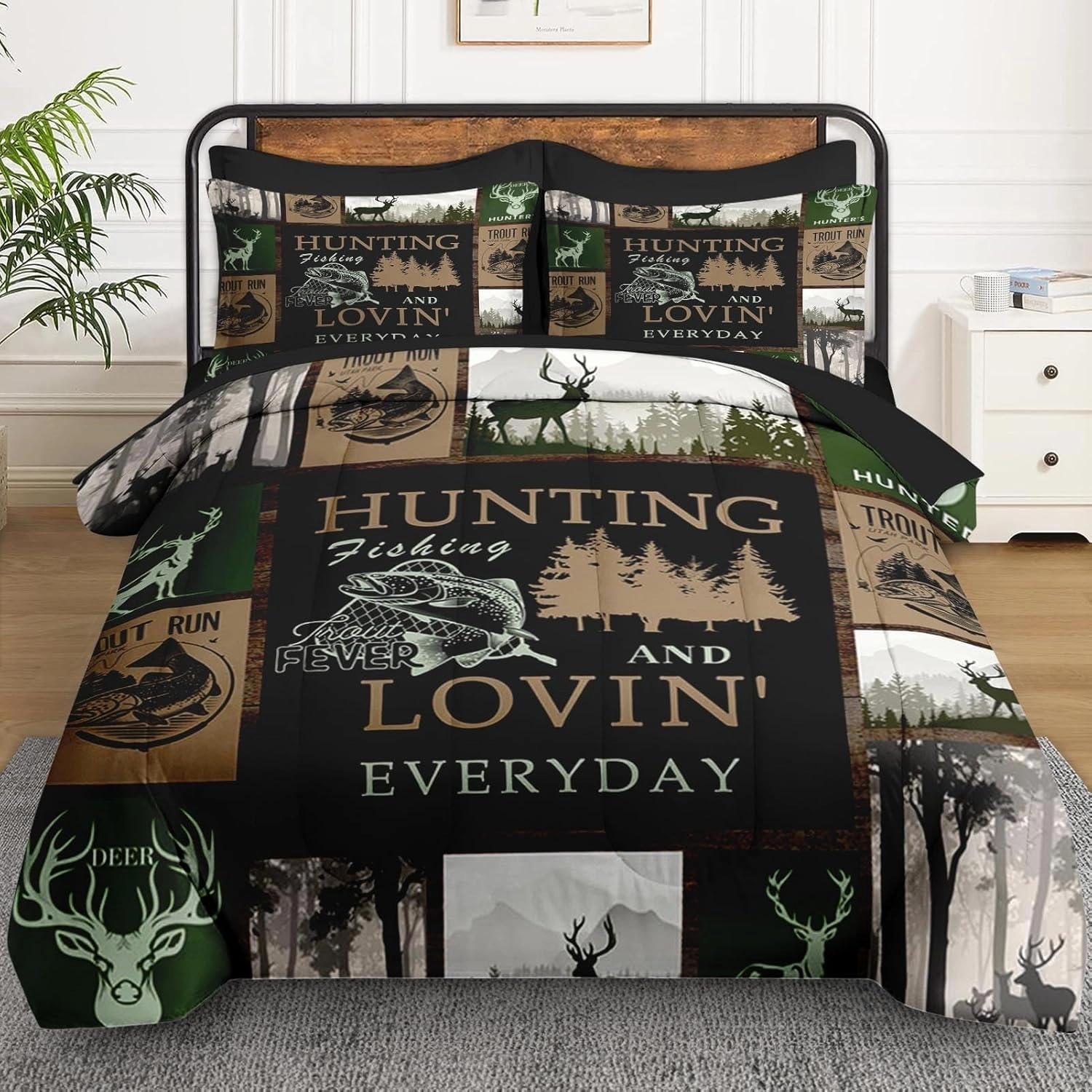 7 Pcs Full Size Comforter Set with 2 Pillowcases & 2 Shams, Deer Animal Tree Bedding for Kids and Adults, Retro Mountains Gray Bed in a Bag with Flat Fitted Sheet