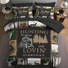 7 Pcs Full Size Comforter Set with 2 Pillowcases & 2 Shams, Deer Animal Tree Bedding for Kids and Adults, Retro Mountains Gray Bed in a Bag with Flat Fitted Sheet