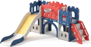 8 in 1 Toddler Slide, Castle-Themed Indoor Outdoor Playground for Toddlers Age 1  with Extra-Long Slide, Basketball Hoop and Ball, Telescope, Tunnel, Storage Space, Baby Climber Playset, Colourful