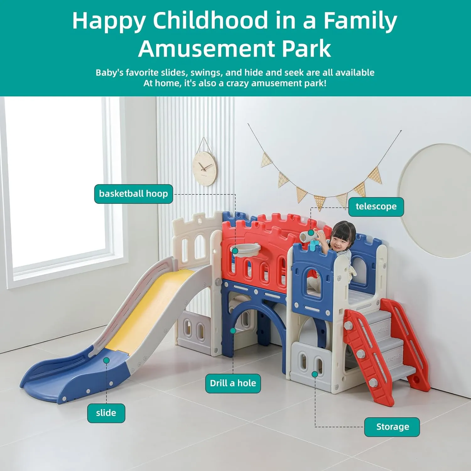 8 in 1 Toddler Slide, Castle-Themed Indoor Outdoor Playground for Toddlers Age 1  with Extra-Long Slide, Basketball Hoop and Ball, Telescope, Tunnel, Storage Space, Baby Climber Playset, Colourful