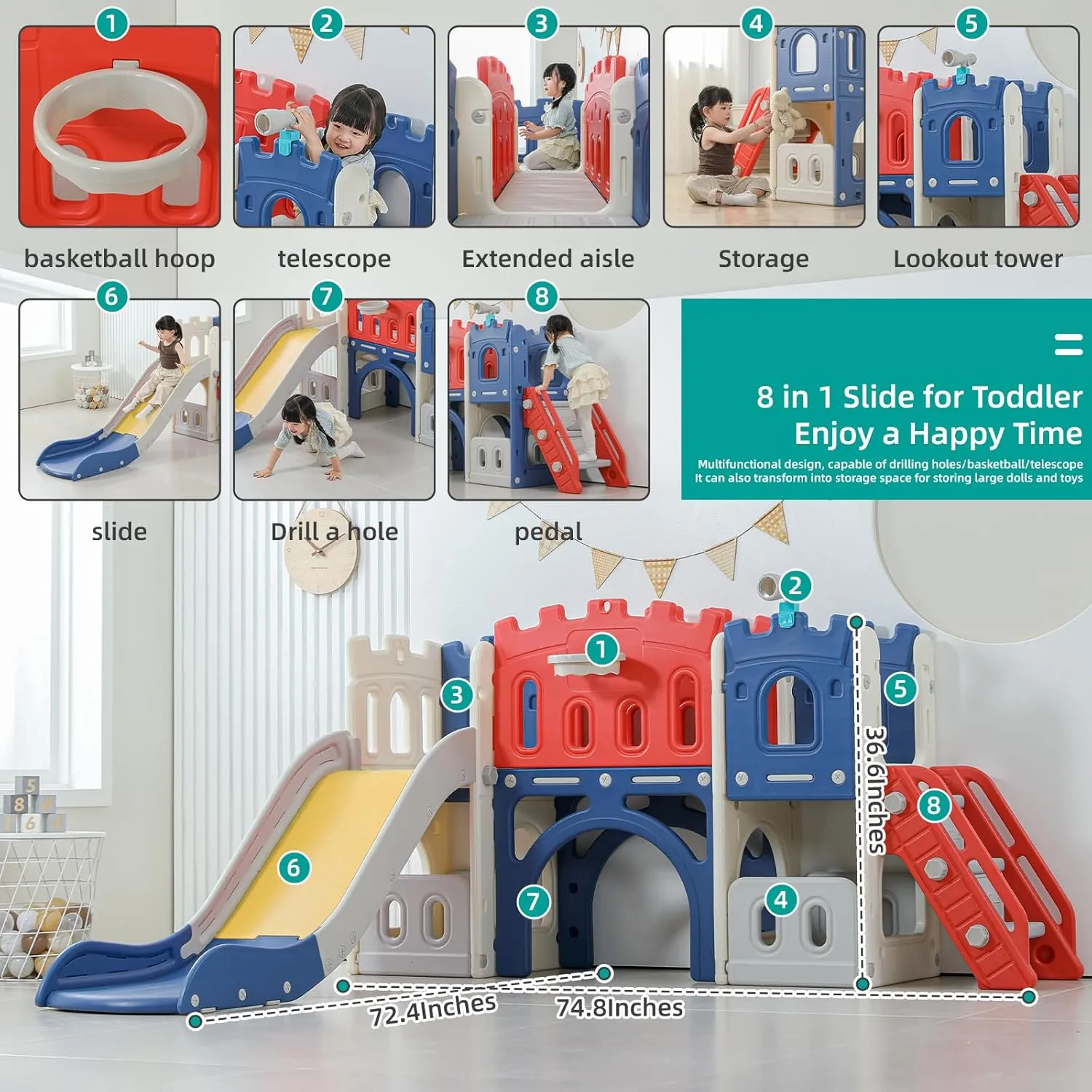 8 in 1 Toddler Slide, Castle-Themed Indoor Outdoor Playground for Toddlers Age 1  with Extra-Long Slide, Basketball Hoop and Ball, Telescope, Tunnel, Storage Space, Baby Climber Playset, Colourful