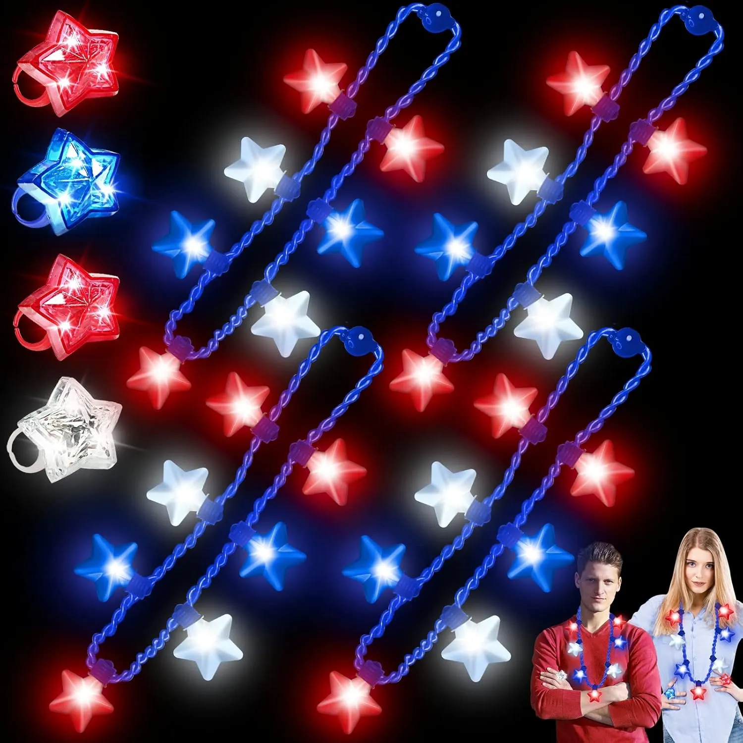 8 Pack 4th of July Party Favor, 4 LED Light Up Necklaces 4 Ring Finger Lights Red White Blue Stars for Kids Adults Patriotic, Independence Day,Memorial Day Party Favor Supplies Accessories Decorations