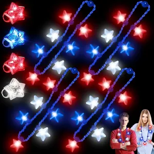 8 Pack 4th of July Party Favor, 4 LED Light Up Necklaces 4 Ring Finger Lights Red White Blue Stars for Kids Adults Patriotic, Independence Day,Memorial Day Party Favor Supplies Accessories Decorations