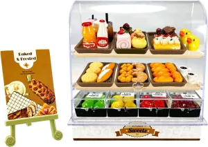 86 Pieces Miniature Bakery Case Cake Stand Display Cabinet with Food Set Mini Plastic Counter Dessert Donuts for 1:12 Doll House Store Scene Decoration Gift Dollhouse Bread Shop Model Playhouse