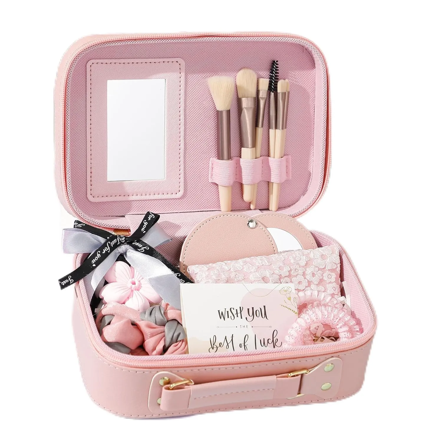 8Pcs Birthday Gifts for Teen Girls Women, Pink Travel Makeup Box Set With Mirror, Perfect Self Care Christmas Birthday Valentine's Day Gift Bag for Mom Daughter Sister Niece Friend Girlfriend