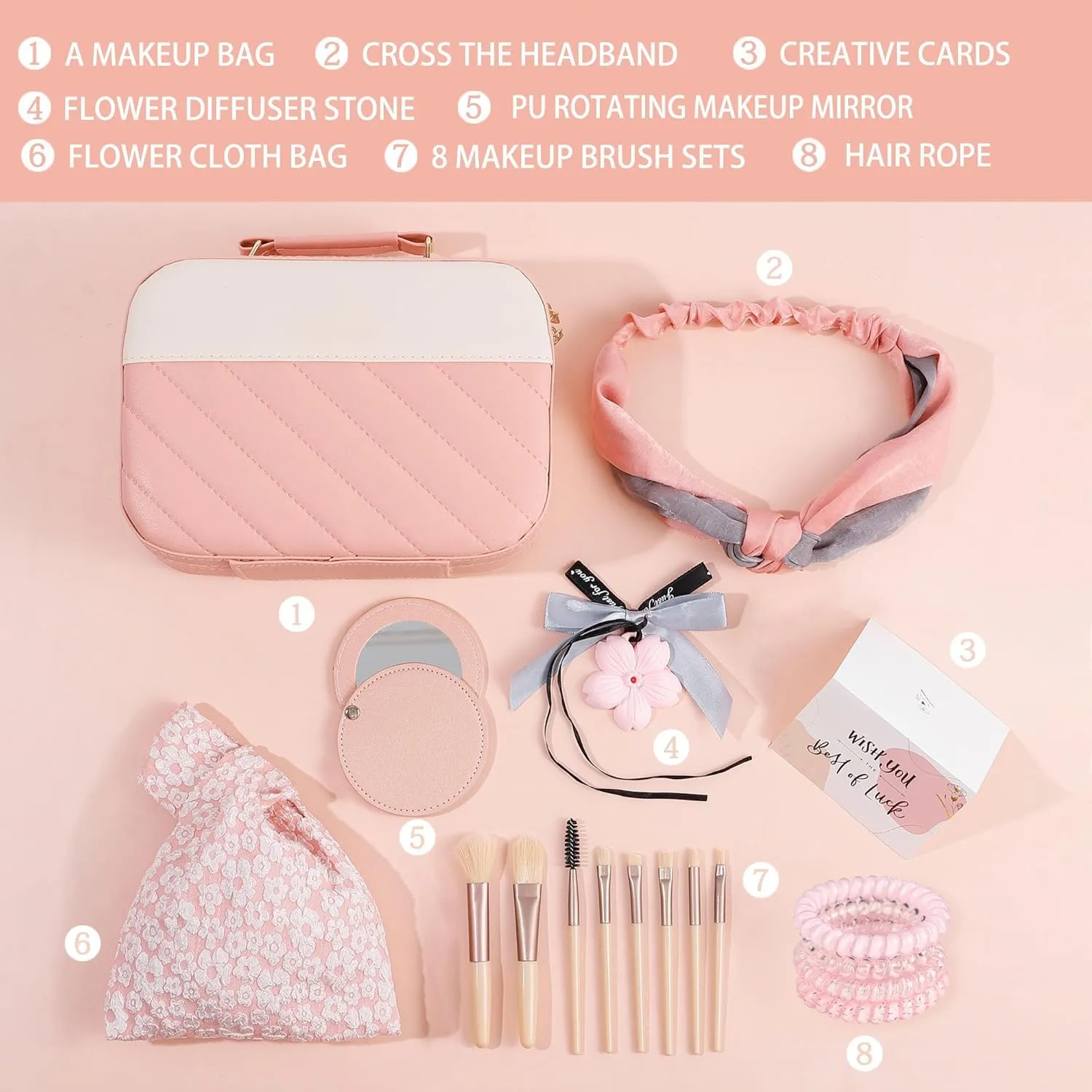 8Pcs Birthday Gifts for Teen Girls Women, Pink Travel Makeup Box Set With Mirror, Perfect Self Care Christmas Birthday Valentine's Day Gift Bag for Mom Daughter Sister Niece Friend Girlfriend
