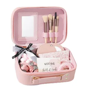 8Pcs Birthday Gifts for Teen Girls Women, Pink Travel Makeup Box Set With Mirror, Perfect Self Care Christmas Birthday Valentine's Day Gift Bag for Mom Daughter Sister Niece Friend Girlfriend