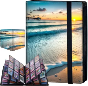 9 Pocket Card Binder for Trading Cards, Trading Card with Sleeves Holder Album, PU Leather Cover Card Collection Binder Large Capacity 360 Pocket Storage Card Sleeves for MTG,TCG, Sunset Beach