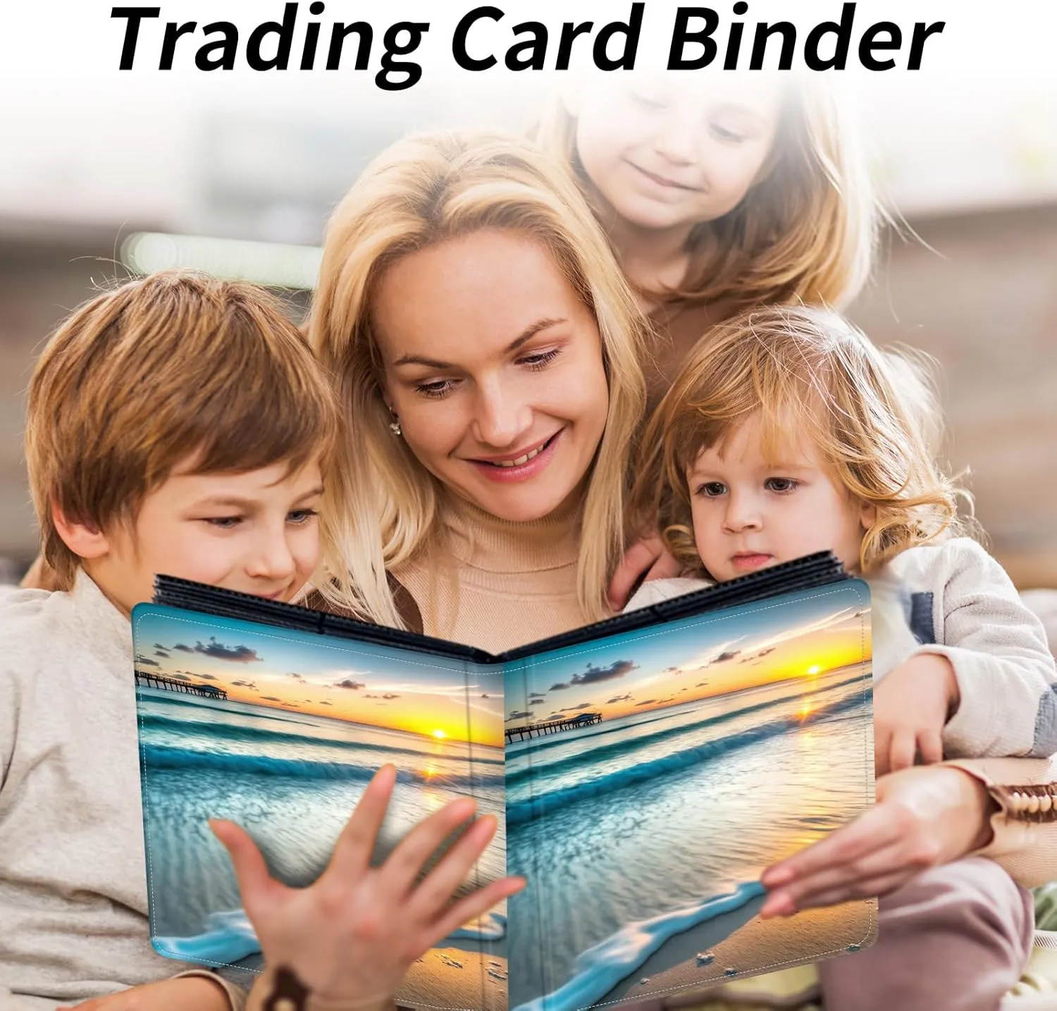 9 Pocket Card Binder for Trading Cards, Trading Card with Sleeves Holder Album, PU Leather Cover Card Collection Binder Large Capacity 360 Pocket Storage Card Sleeves for MTG,TCG, Sunset Beach