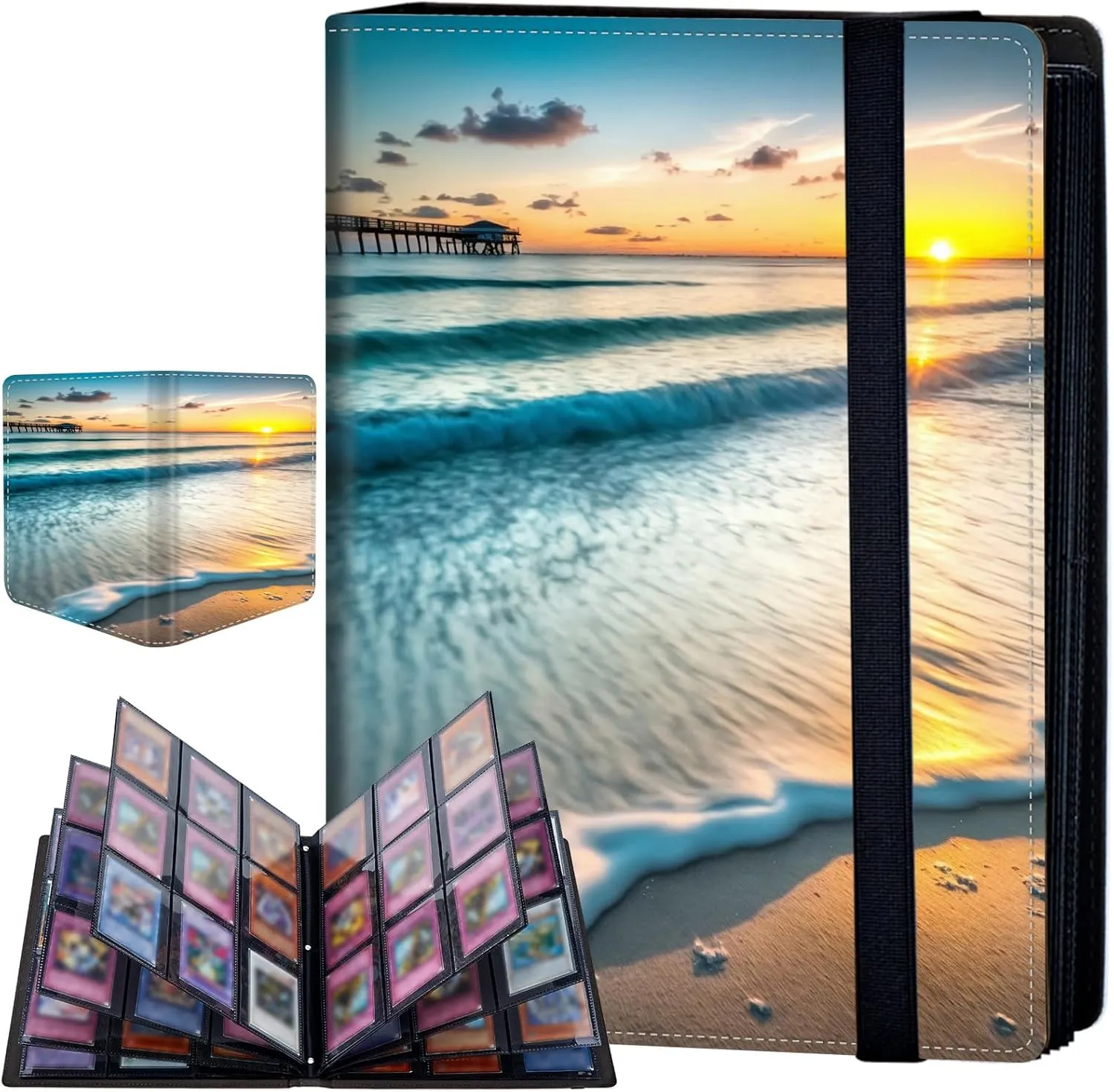 9 Pocket Card Binder for Trading Cards, Trading Card with Sleeves Holder Album, PU Leather Cover Card Collection Binder Large Capacity 360 Pocket Storage Card Sleeves for MTG,TCG, Sunset Beach