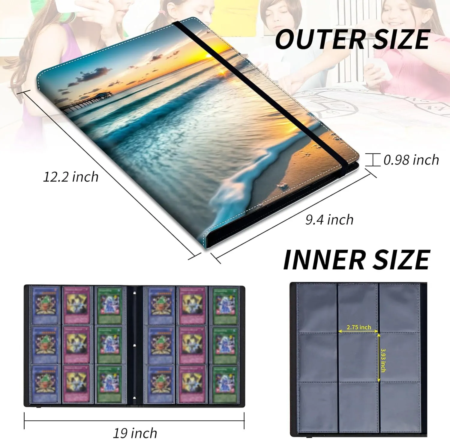 9 Pocket Card Binder for Trading Cards, Trading Card with Sleeves Holder Album, PU Leather Cover Card Collection Binder Large Capacity 360 Pocket Storage Card Sleeves for MTG,TCG, Sunset Beach