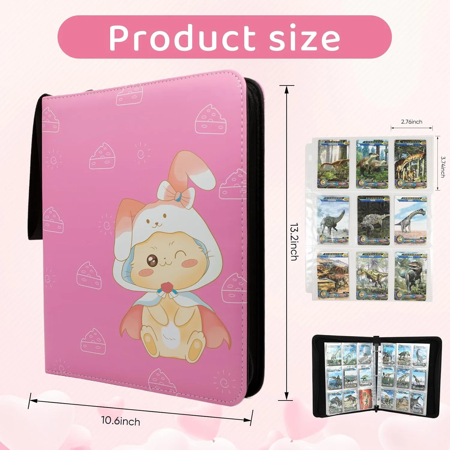 9 Pocket Card Binder - Premium Zip Trading Card Binder - 900 Double Sided Pocket PU Collection Binder - Gift for Girls (Pink Kitten 9-Pocket)