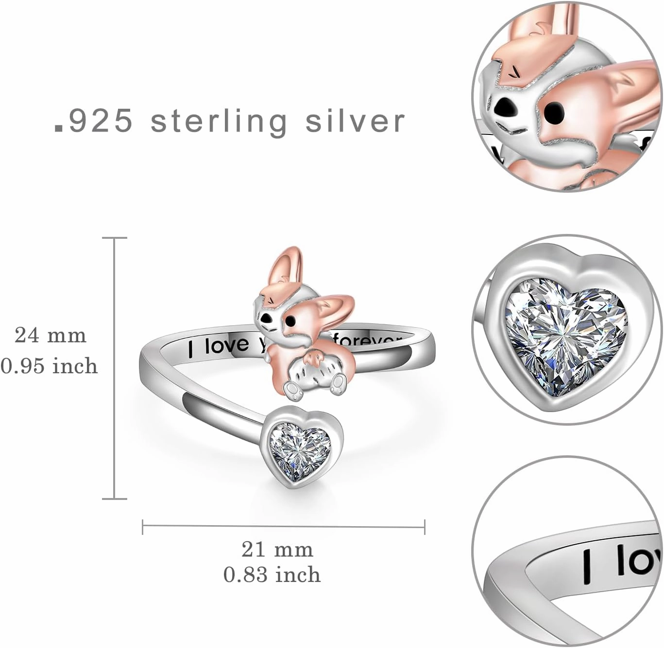 925 Sterling Silver Corgi Ring - Adjustable Open Dog Ring - Cute Jewelry Gifts for Corgi Lovers