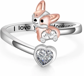 925 Sterling Silver Corgi Ring - Adjustable Open Dog Ring - Cute Jewelry Gifts for Corgi Lovers