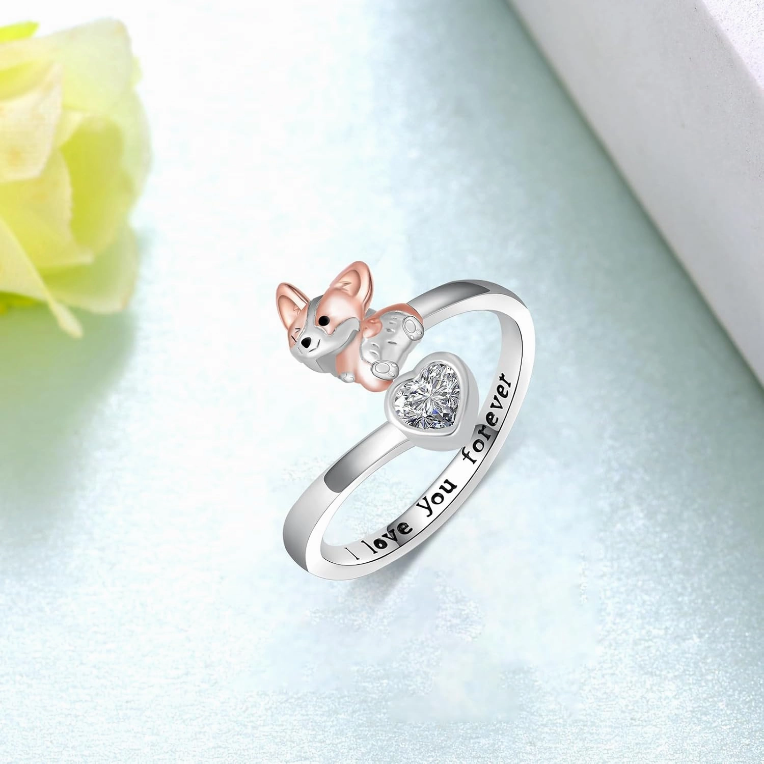 925 Sterling Silver Corgi Ring - Adjustable Open Dog Ring - Cute Jewelry Gifts for Corgi Lovers