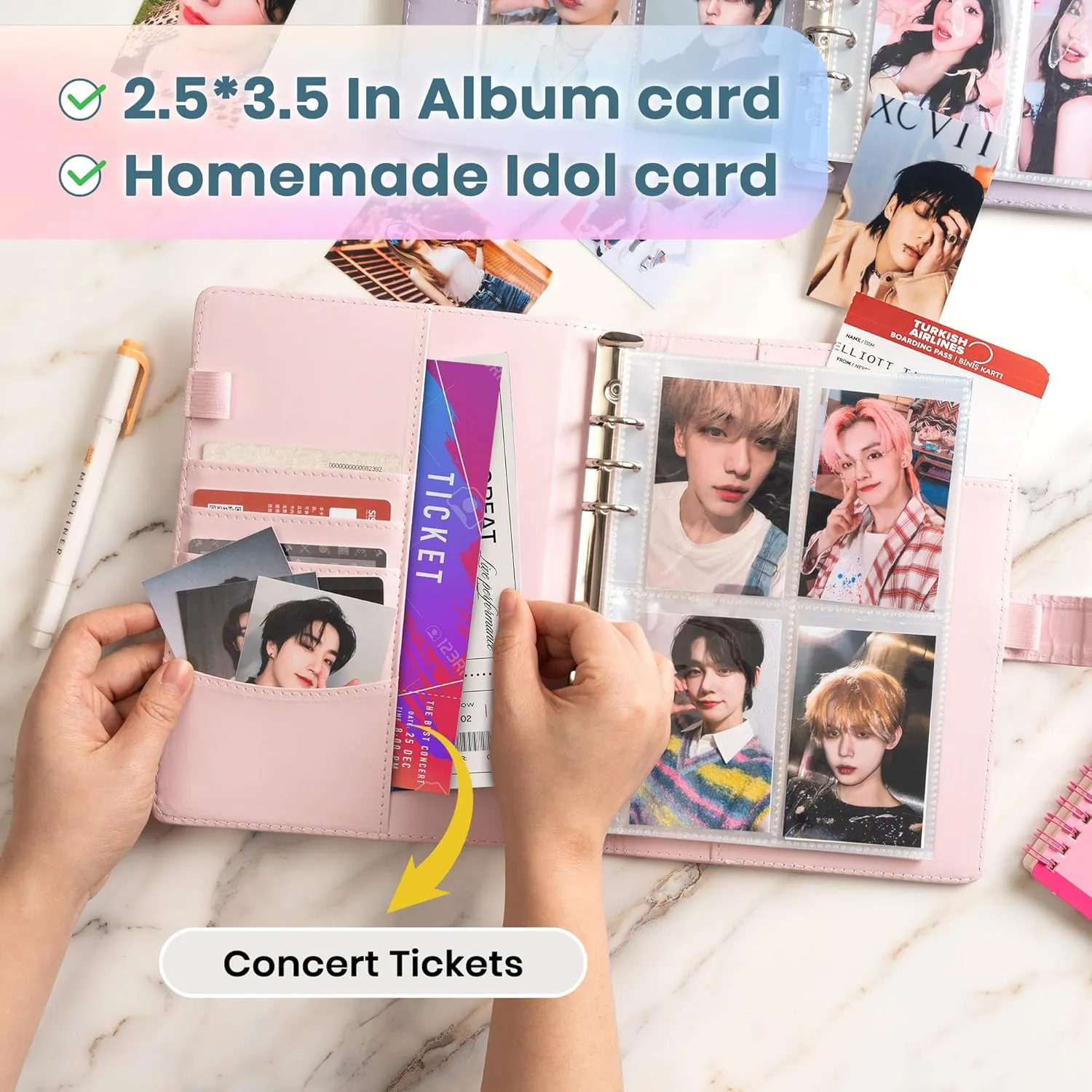 A5 Kpop Photocard Binder, 6 Ring Card Collector Album with 240 Card Slots, 30 Double-Sided Photocard Sleeves, PU Leather Binder Cover for Organizing K-pop Trading Cards