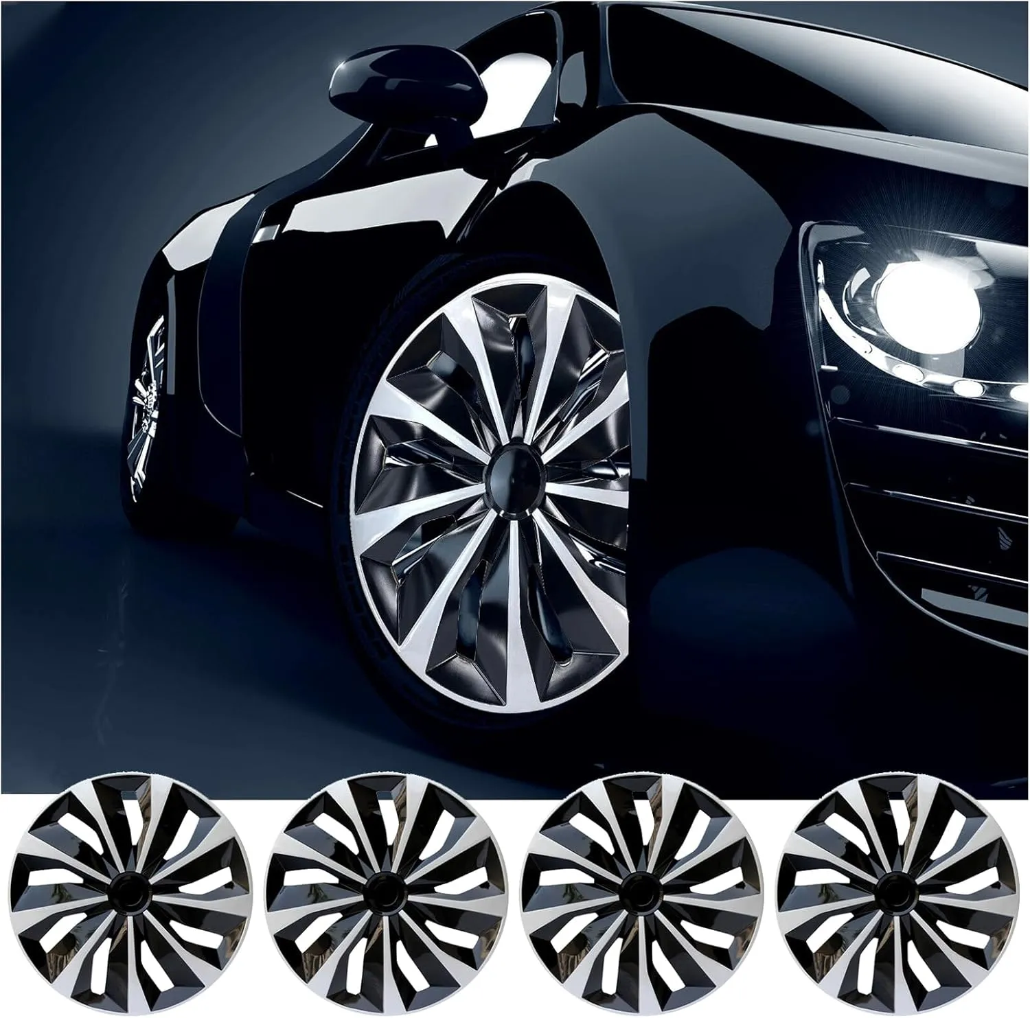 ABX Hubcap Wheel Covers Hub Caps 16 Inch Set of 4 Black & Silver Universal Wheel Rim Cover R16 Stylish Car Decor Wheel Covers for Toyota Camry Nissan Mazda (Black-A1, 16 inch)