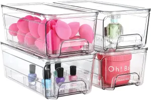 Acrylic Stackable Storage Drawers, 4Pack Clear Vanity Tool Makeup Organizer, 12"D*6.2"W*4.3"H Plastic Drawer Bathroom Storage and Organization, Desk Medicine Cabinet Bins Baby Bottle Organizer