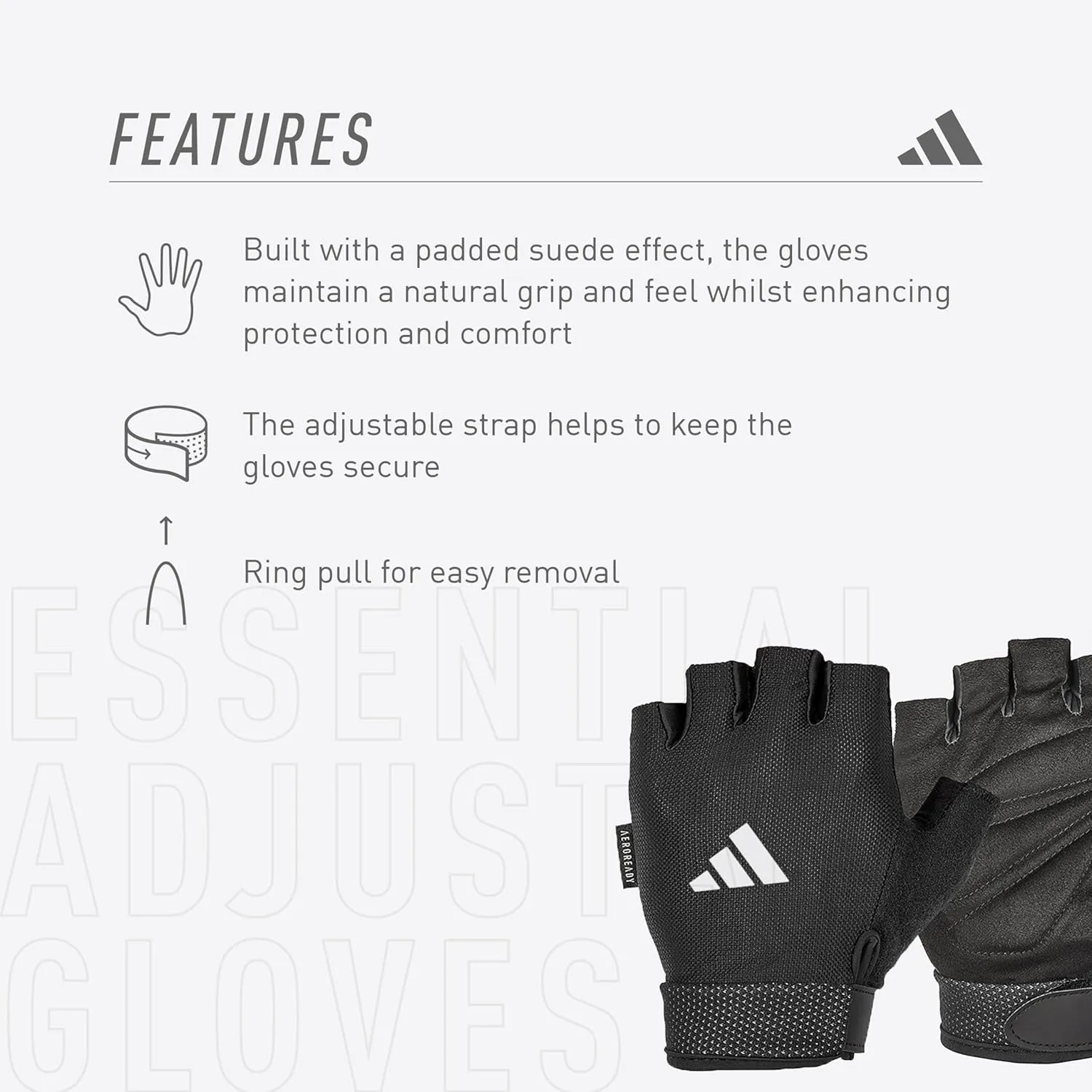 adidas Essential Weightlifting Gloves, Adjustable Fingerless Workout Gloves
