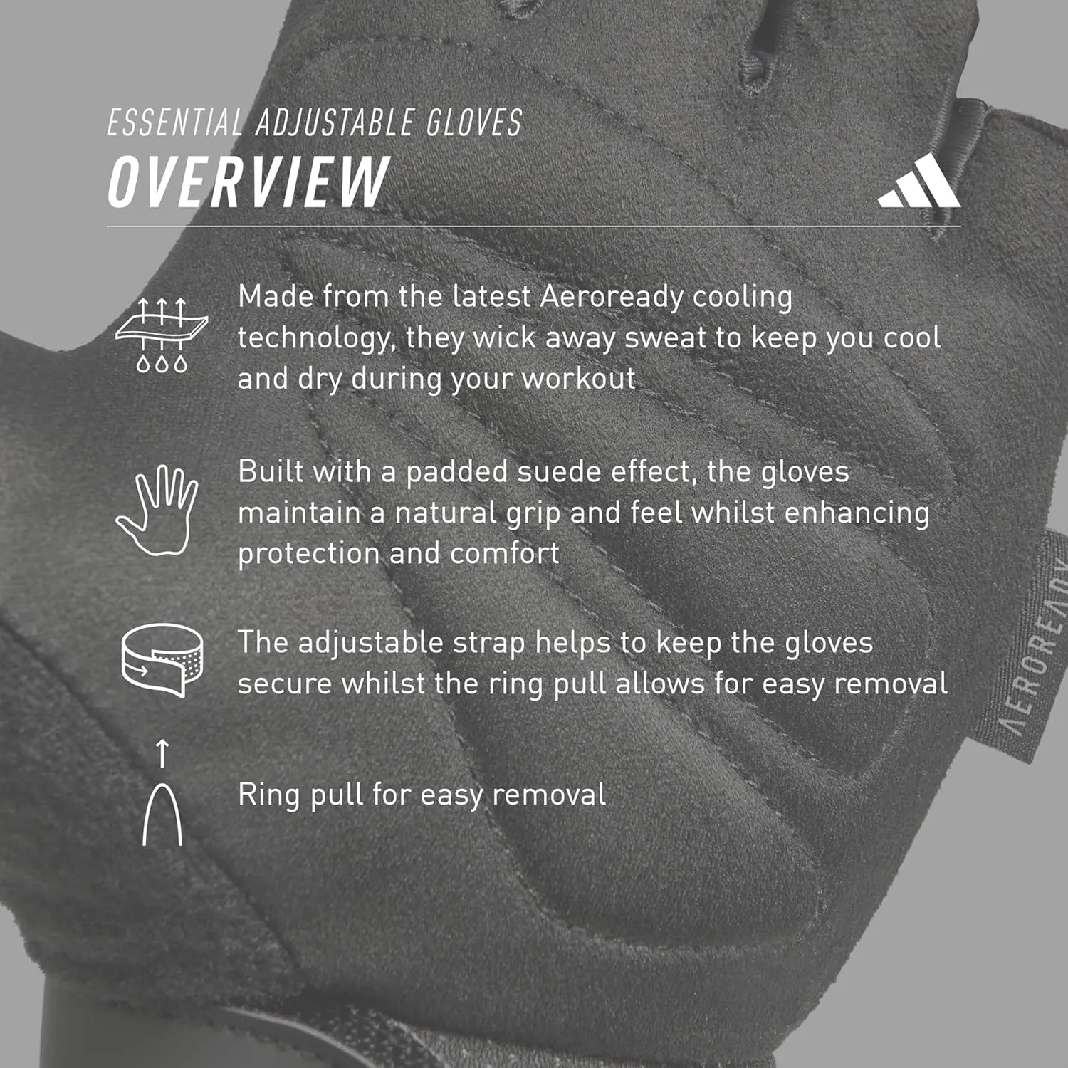 adidas Essential Weightlifting Gloves, Adjustable Fingerless Workout Gloves