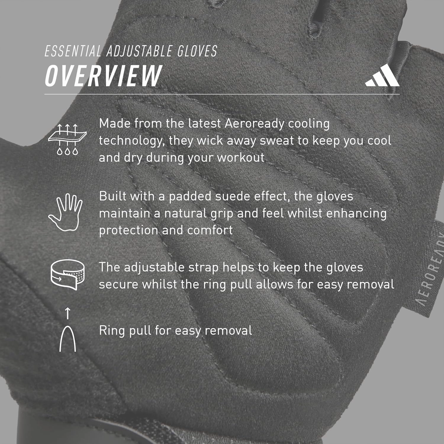 adidas Essential Weightlifting Gloves, Adjustable Fingerless Workout Gloves