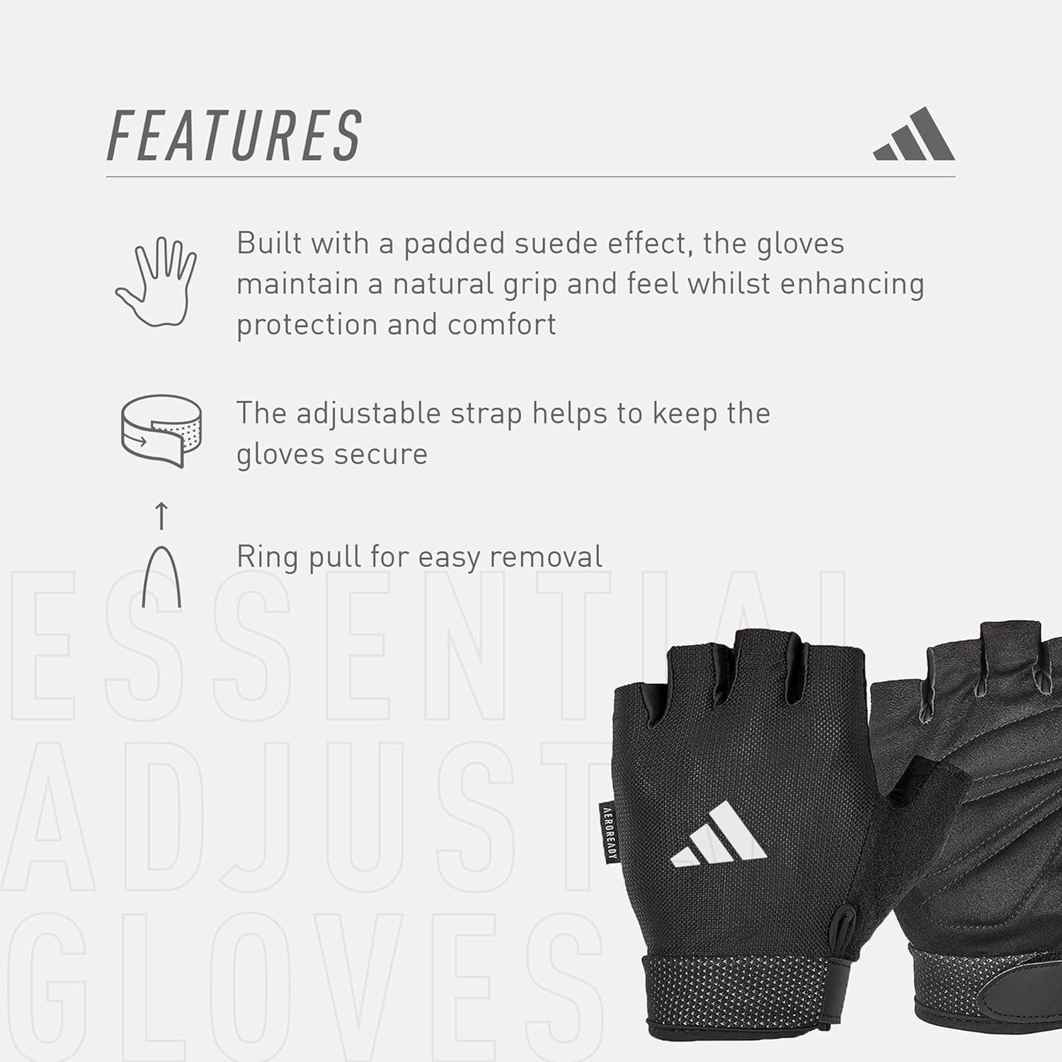 adidas Essential Weightlifting Gloves, Adjustable Fingerless Workout Gloves