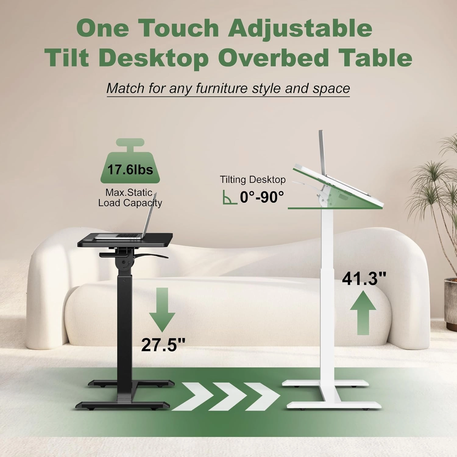 Adjustable Overbed Bedside Table - 90° Tiltable Mobile Standing Desk Portable Rolling Computer Cart Movable Desk for Laptop Bed Sofa Side Table Hospital Home Use(15.8" W x 31.5" D, Black)