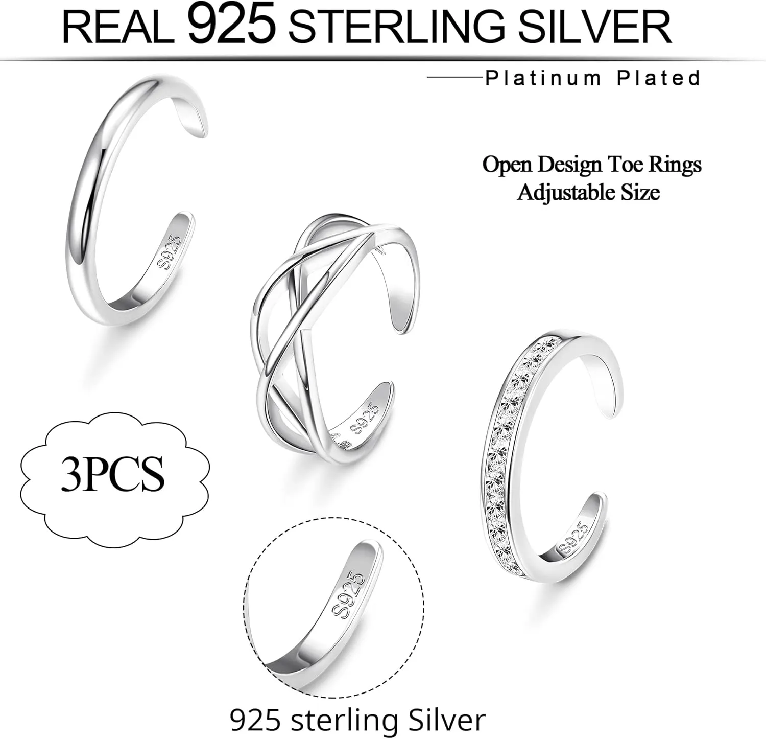 ADRAMATA 3Pcs 925 Sterling Silver Toe Rings for Women Moonstone Mood Rings Set Color Change Adjustable African Toe Rings Finger Nail Rings Summer Beach Barefoot Jewelry