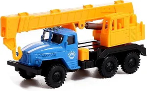 AEVVV Ural Crane Truck 1:43 Scale Metal Model, Inertia-Powered Special Transport Vehicle, Blue Yellow Construction, Detailed Diecast, Durable Collectible