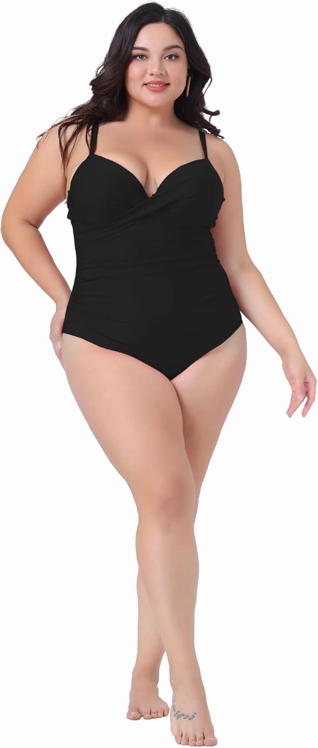 Agnes Orinda Plus Size Bikini for Women One Piece Bathing Suit Ruched Padded Slimming Swimsuit Swimwear