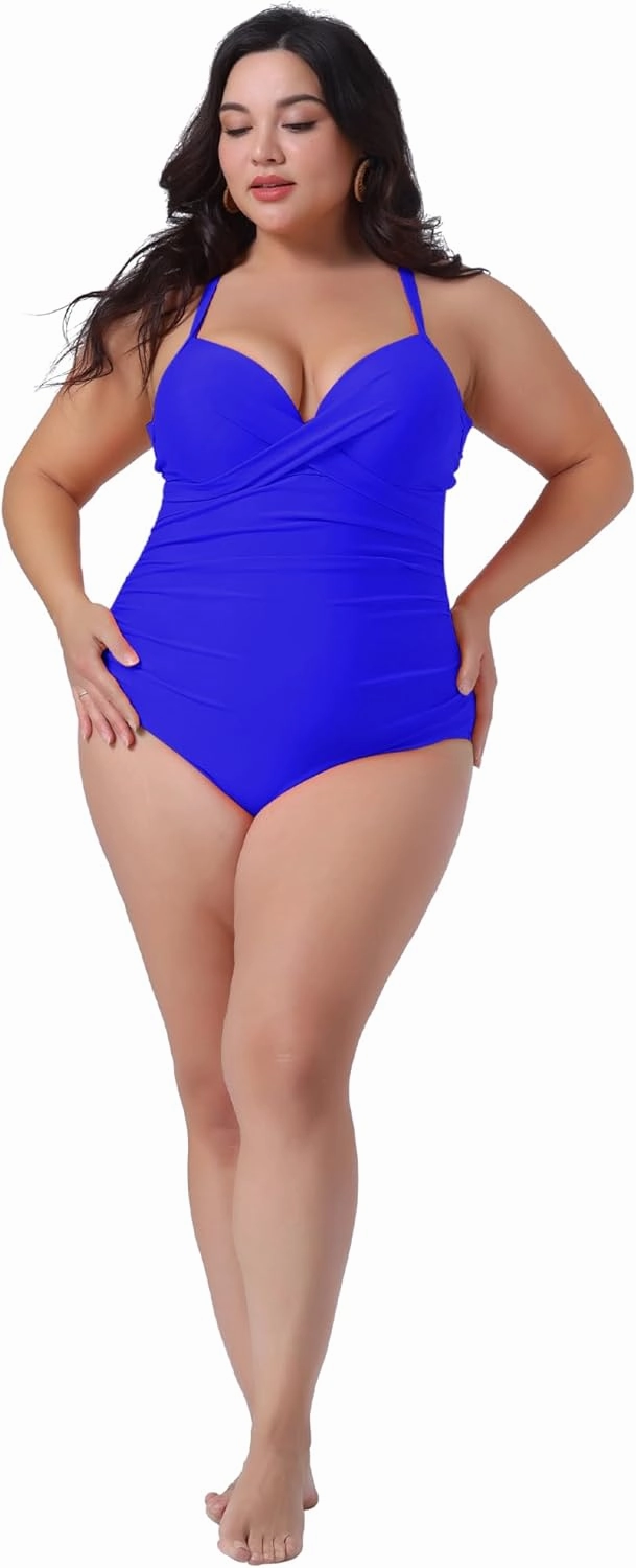 Agnes Orinda Plus Size Bikini for Women One Piece Bathing Suit Ruched Padded Slimming Swimsuit Swimwear