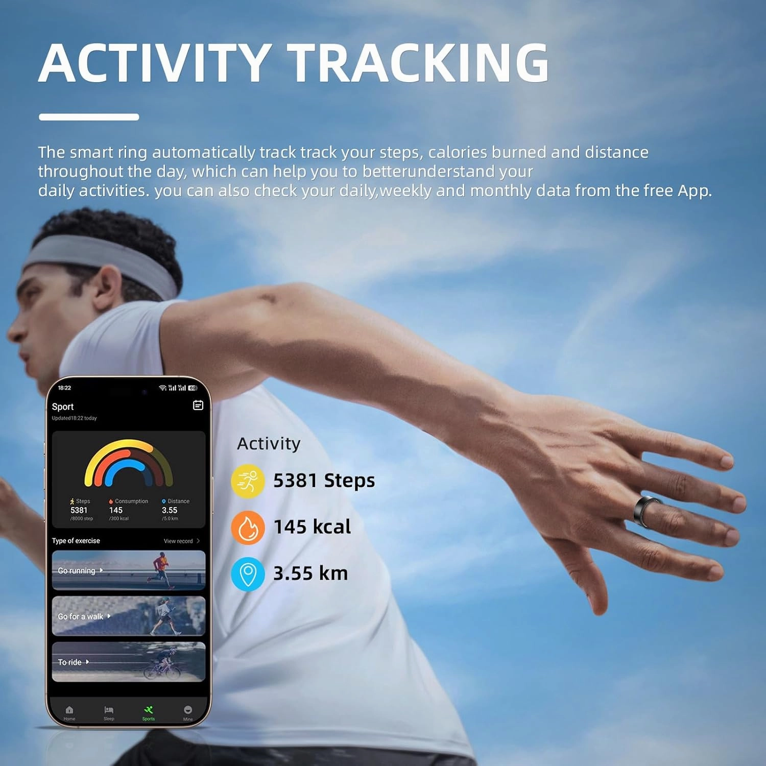 AI Smart Ring, Fitness Tracker with Heart Rate, Blood Pressure,Sleep Tracking, Step Tracking, 10ATM, Waterproof Smart Ring for iPhone and Android (Matte Black, 12)