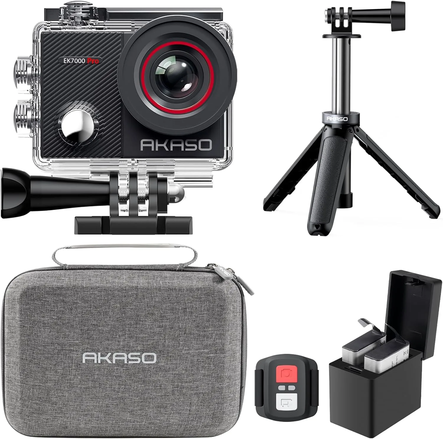 AKASO EK7000 Pro 4K30fps 20MP Action Camera EIS Ultra HD 131FT Waterproof Underwater Camera with Mini Selfie Stick Tripod and Carrying Case Helmet Accessories Kit Bundle