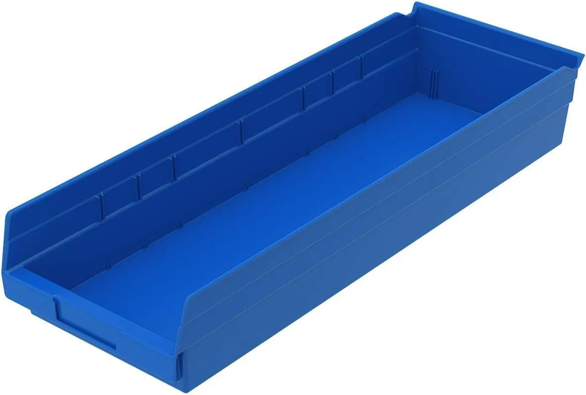 Akro-Mils 30184 Plastic Shelf Bins, Heavy Duty Storage Bins for Garage, Closet, and Drawer Organization, 24-Inch x 8-Inch x 4-Inch, Blue, 6-Pack