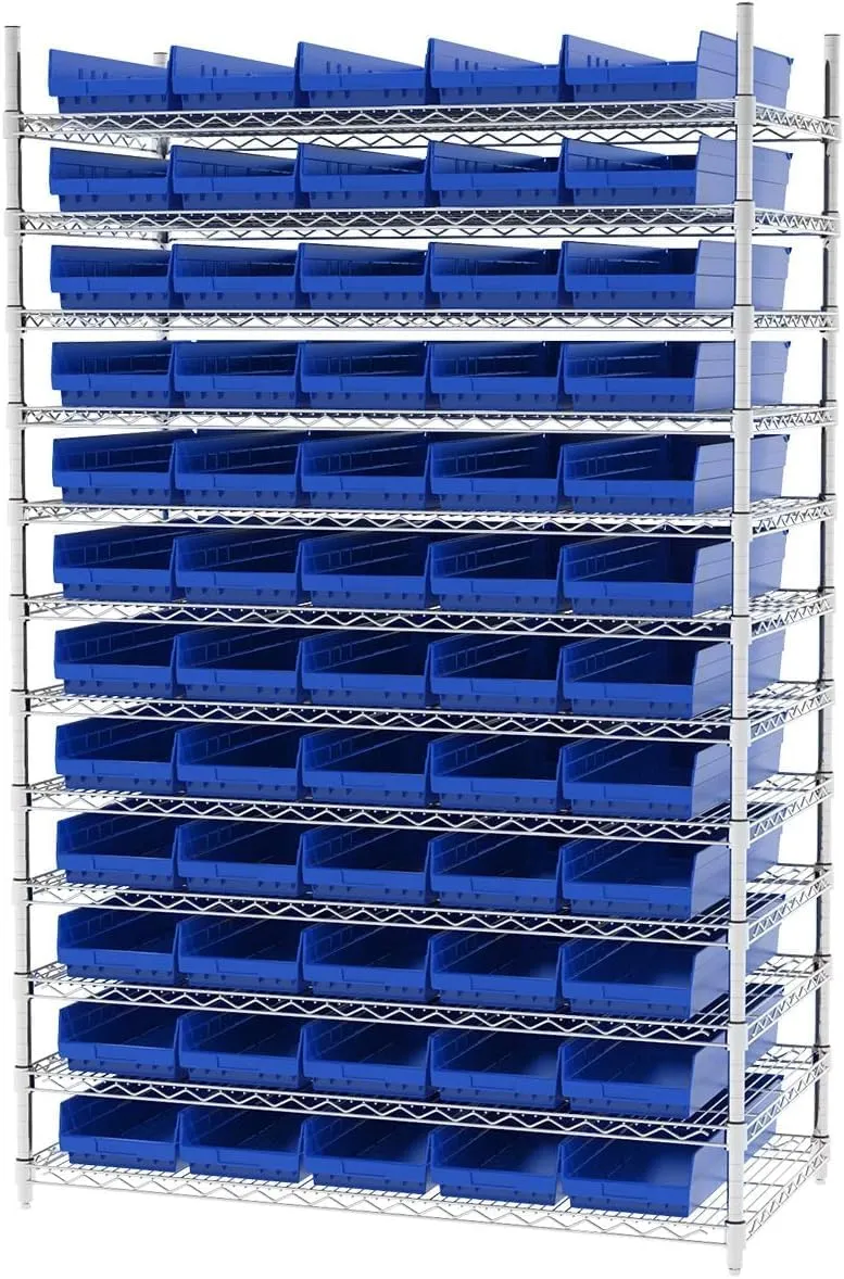 Akro-Mils 30184 Plastic Shelf Bins, Heavy Duty Storage Bins for Garage, Closet, and Drawer Organization, 24-Inch x 8-Inch x 4-Inch, Blue, 6-Pack