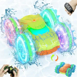 Amphibious RC Car Boat for Boys 5-7, 2.4GHz Remote Control Car with LED Lights, 4WD All Terrain Off-Road Stunt RC Boat, Gesture Sensing Waterproof Pool Beach Toy, for Kids 8-13
