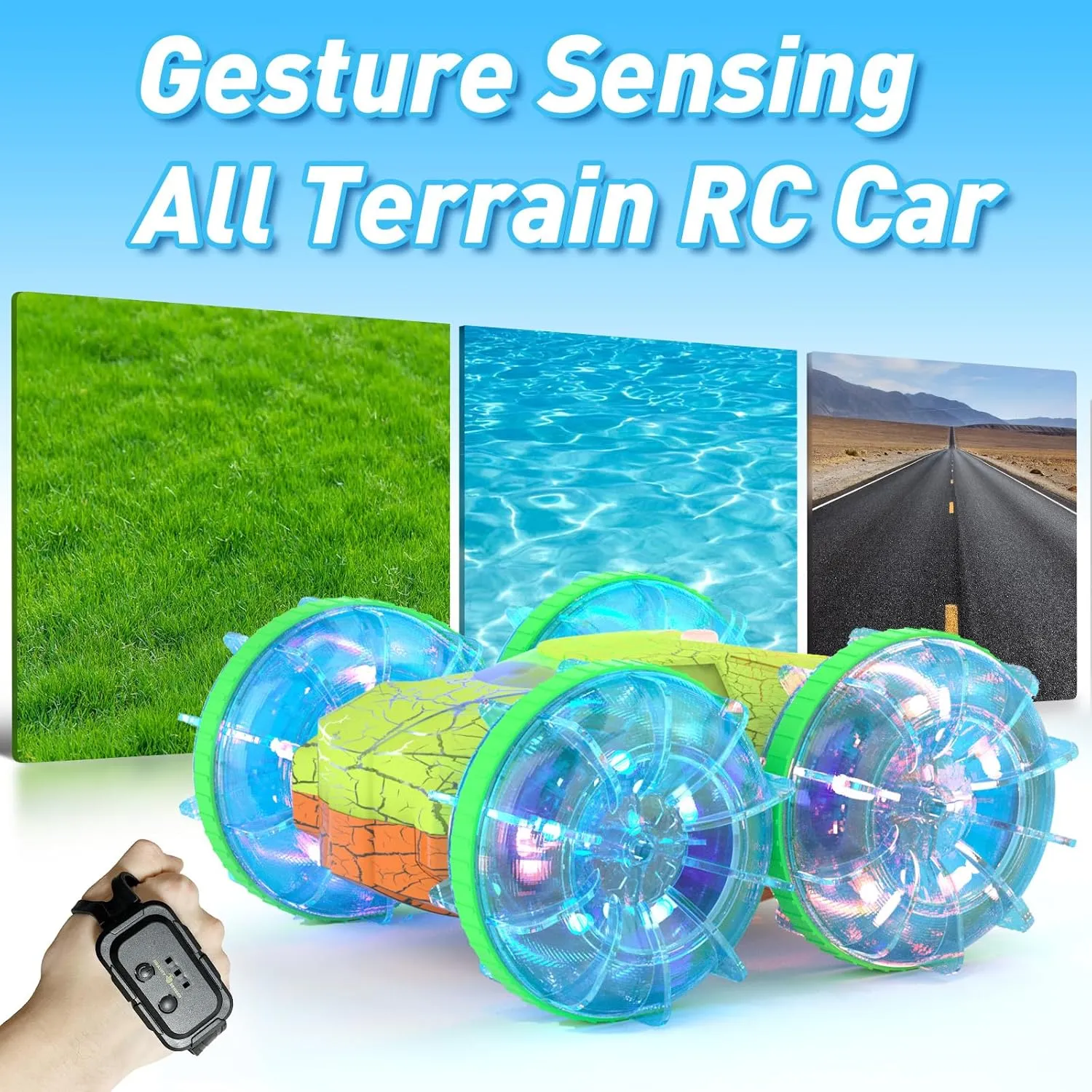 Amphibious RC Car Boat for Boys 5-7, 2.4GHz Remote Control Car with LED Lights, 4WD All Terrain Off-Road Stunt RC Boat, Gesture Sensing Waterproof Pool Beach Toy, for Kids 8-13