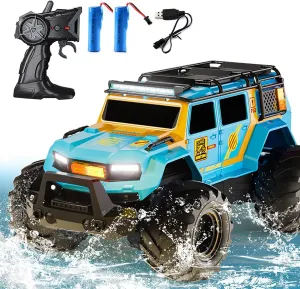 Amphibious Remote Control Car Waterproof Monster RC Cars 4WD All Terrain Off-Road Stunt Vehicle Toys with 2.4 GHz LED Lights for 6 7 8 9 10 11 12  Year Old Kids Boys Girls Gifts Presents (Blue)